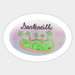 Bantoncillo watercolor Island travel, beach, sea and palm trees. Holidays and rest, summer and relaxation Sticker